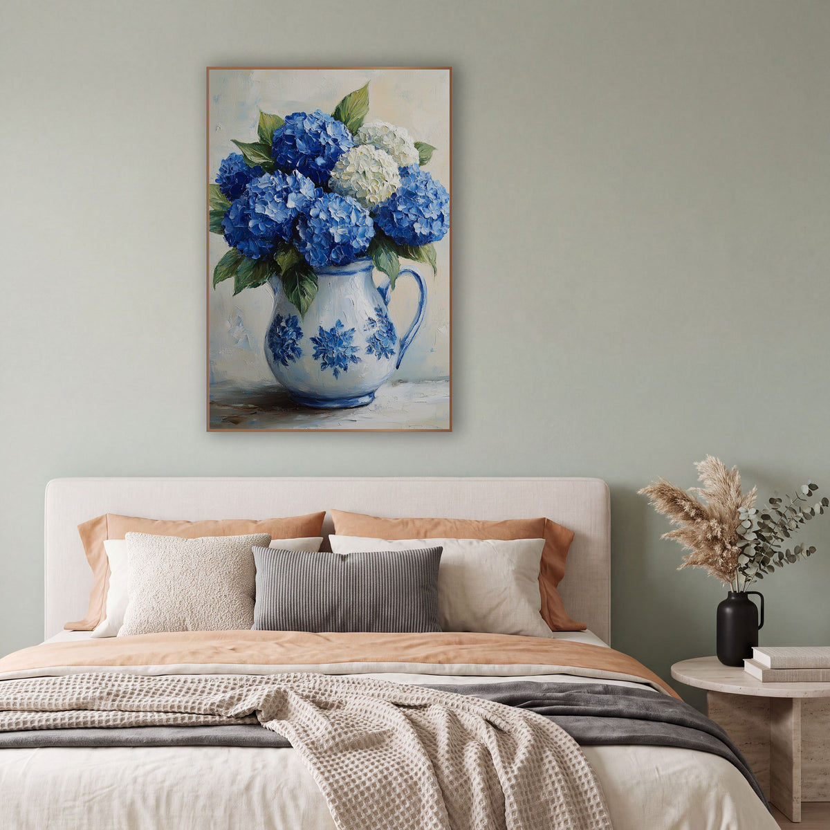 Blue White Hydrangea Pitcher Farmhouse wall art in a bright coastal-style room – blue and cream hydrangeas with green