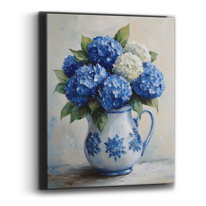 Blue White Hydrangea Pitcher Farmhouse Canvas Wall Art