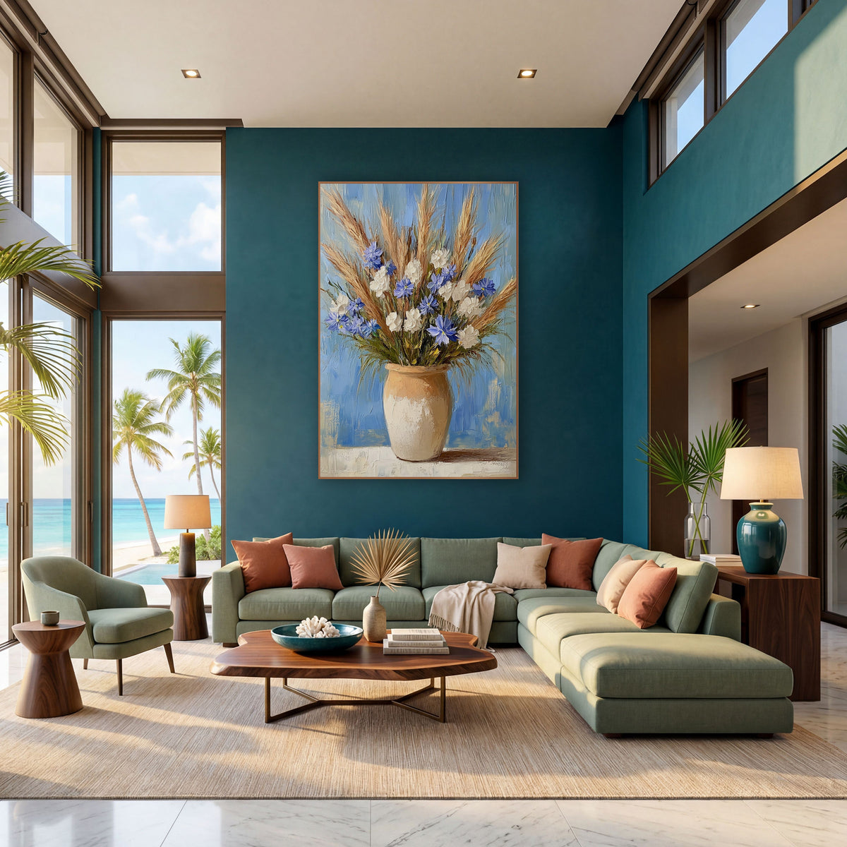 Blue and White Wildflower Bouquet Still Life wall art in a bright coastal-style room – bouquet of blue and white
