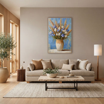 Blue and White Wildflower Bouquet Still Life wall art in a bright coastal-style room – bouquet of blue and white