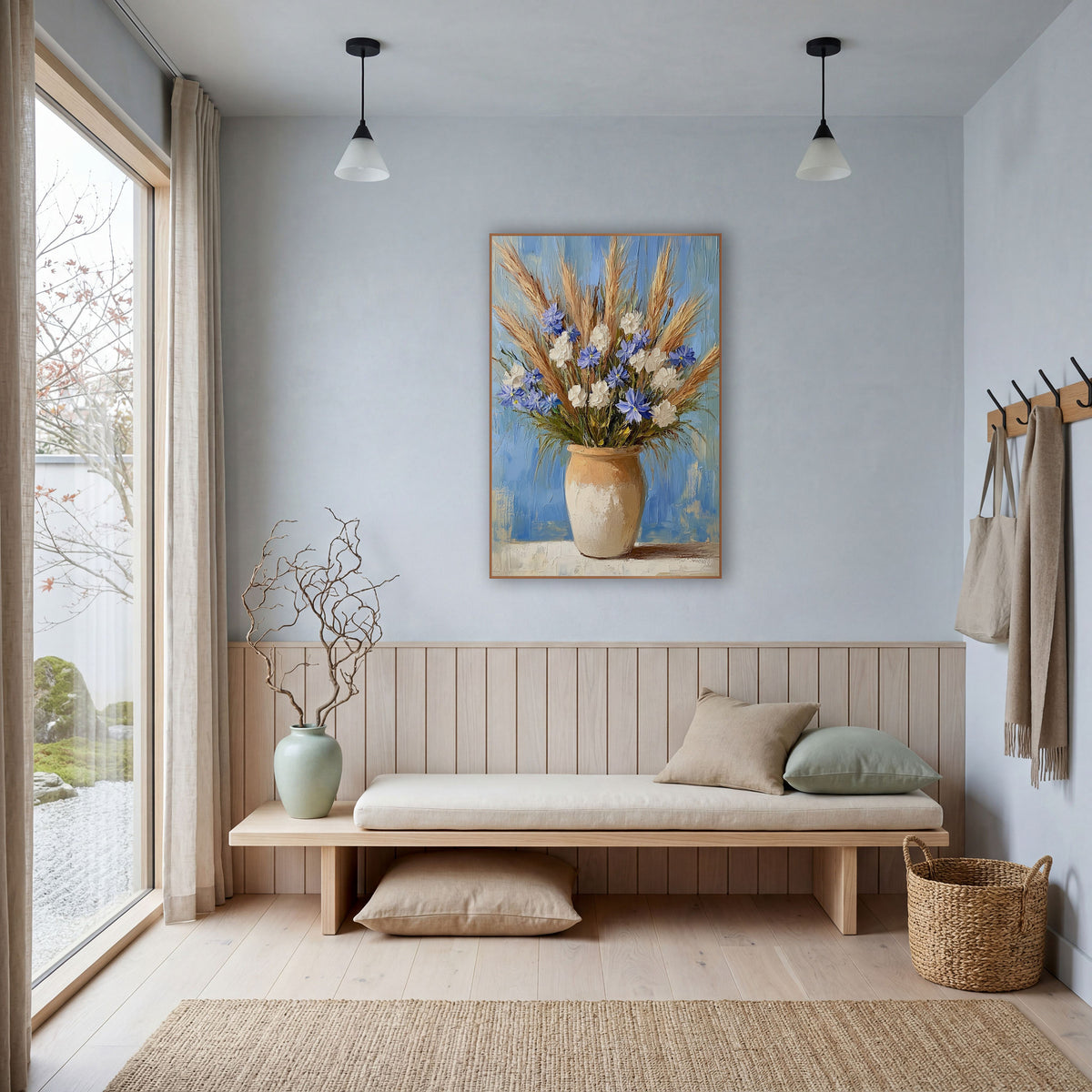 Blue and White Wildflower Bouquet Still Life wall art in a bright coastal-style room – bouquet of blue and white
