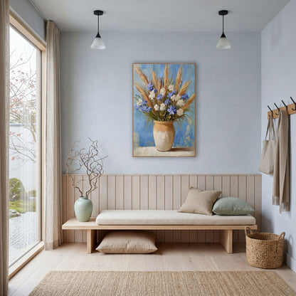 Blue and White Wildflower Bouquet Still Life wall art in a bright coastal-style room – bouquet of blue and white