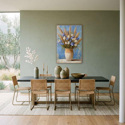 Blue and White Wildflower Bouquet Still Life wall art in a bright coastal-style room – bouquet of blue and white