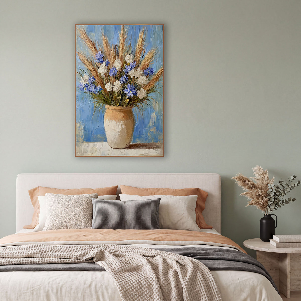 Blue and White Wildflower Bouquet Still Life wall art in a bright coastal-style room – bouquet of blue and white