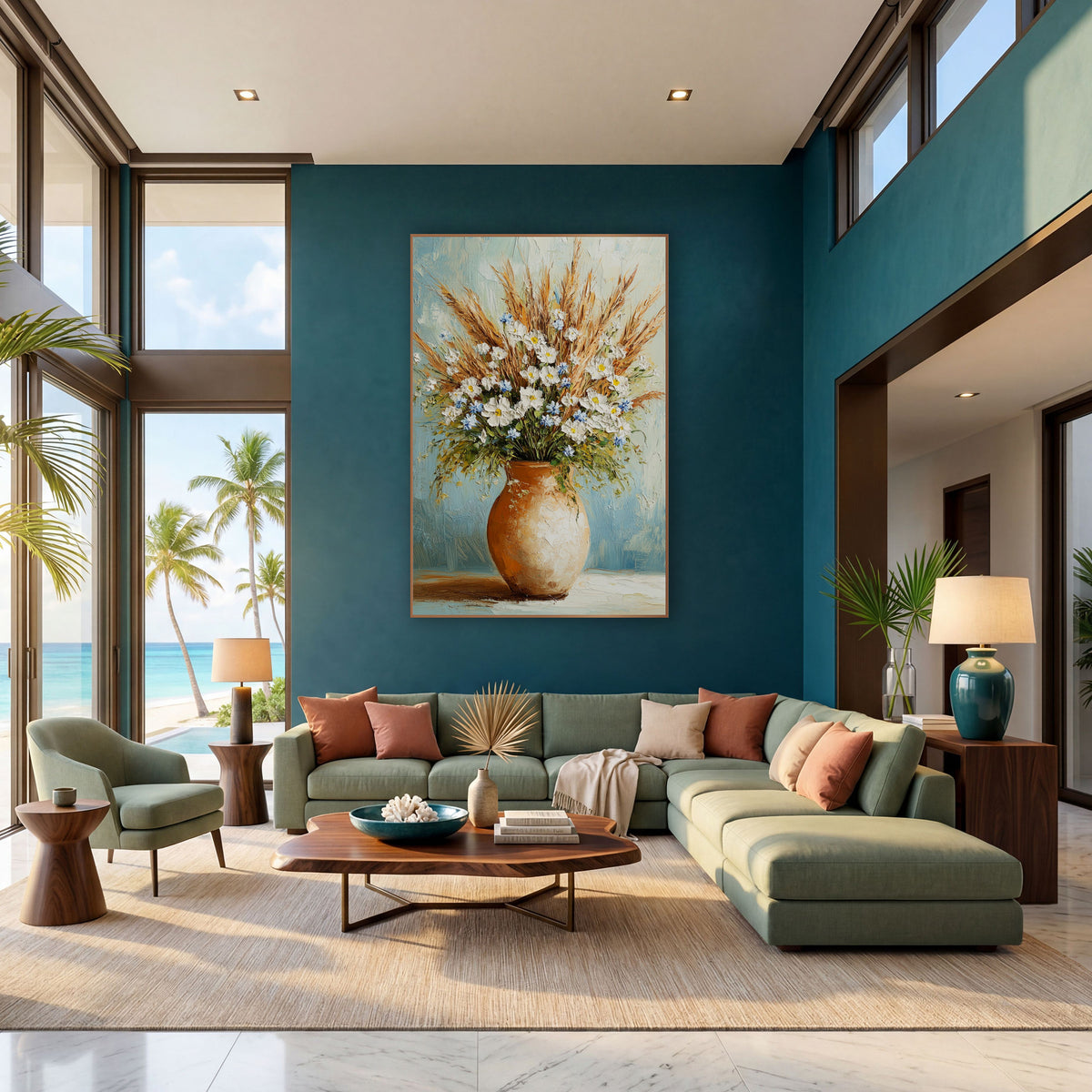 Wildflower and Dried Grass Bouquet Floral wall art in a bright coastal-style room – white and blue wildflowers