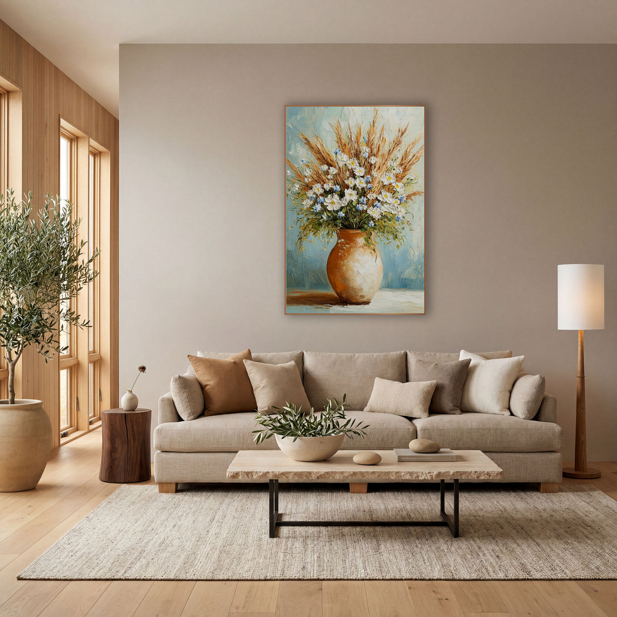 Wildflower and Dried Grass Bouquet Floral wall art in a bright coastal-style room – white and blue wildflowers