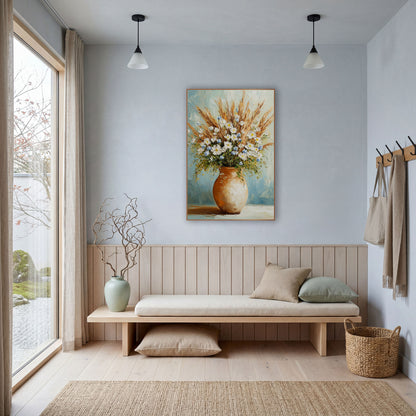Wildflower and Dried Grass Bouquet Floral wall art in a bright coastal-style room – white and blue wildflowers