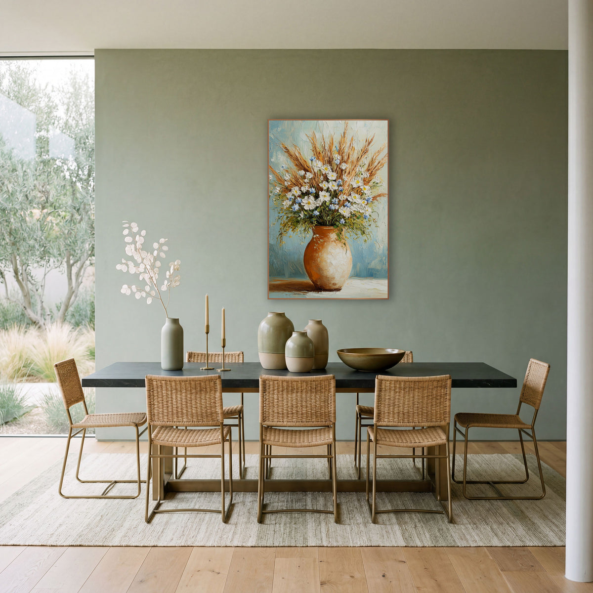 Wildflower and Dried Grass Bouquet Floral wall art in a bright coastal-style room – white and blue wildflowers