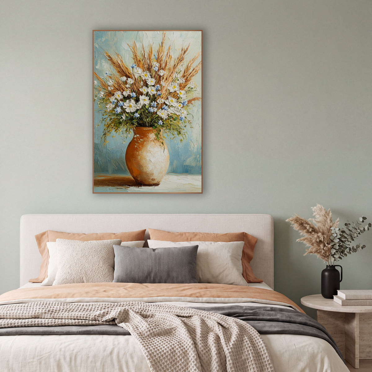Wildflower and Dried Grass Bouquet Floral wall art in a bright coastal-style room – white and blue wildflowers