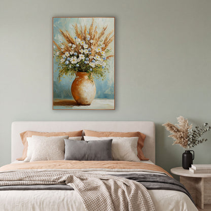 Wildflower and Dried Grass Bouquet Floral wall art in a bright coastal-style room – white and blue wildflowers