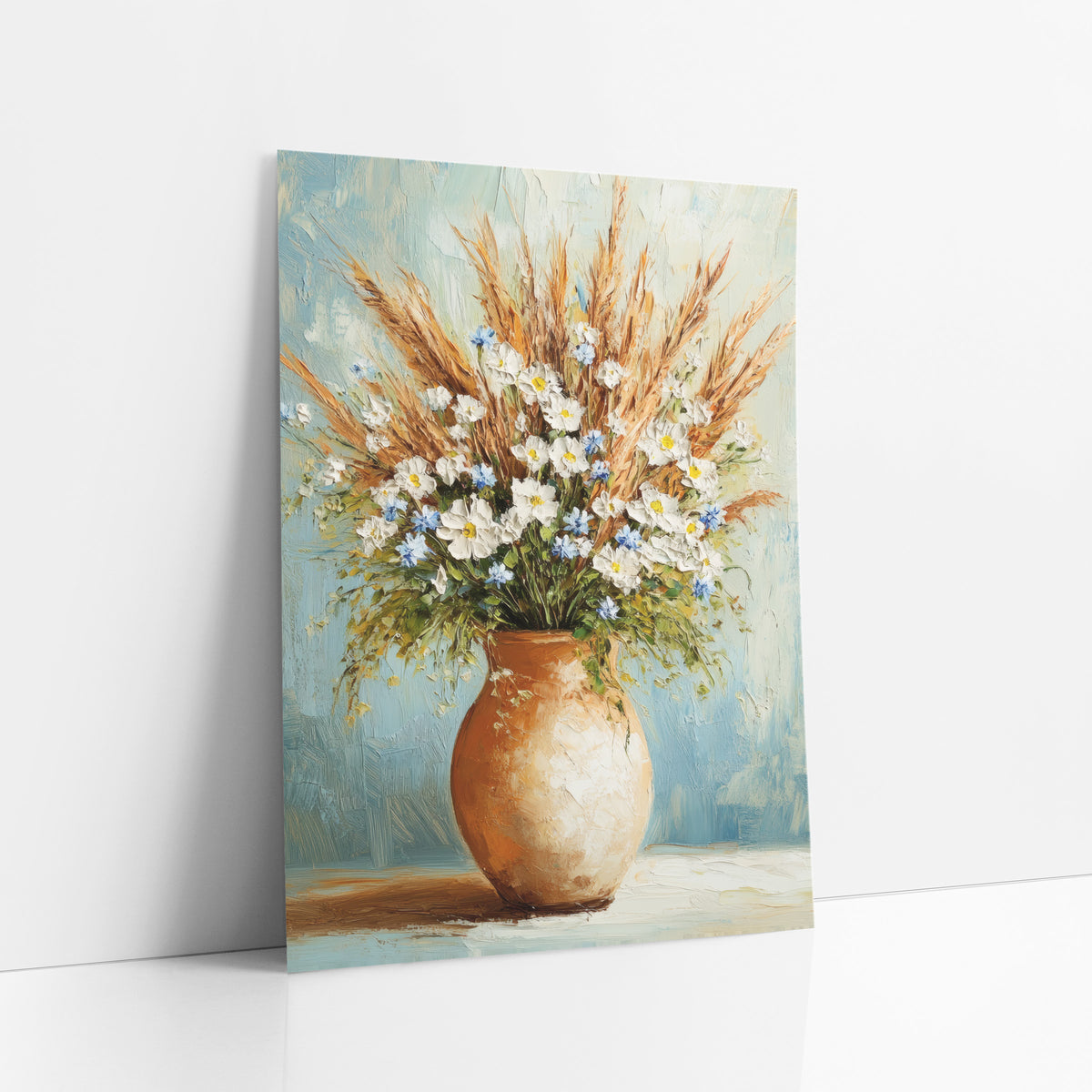 Wildflower and Dried Grass Bouquet Floral art print leaning against a white wall – white and blue wildflowers with golden