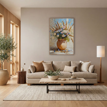 Wildflower Grass Bouquet Rustic Still Life wall art in a bright coastal-style room – round clay vase with white, pink