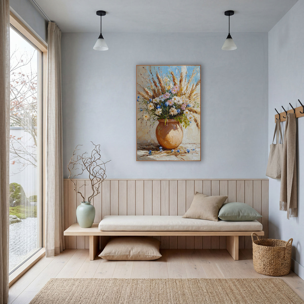 Wildflower Grass Bouquet Rustic Still Life wall art in a bright coastal-style room – round clay vase with white, pink