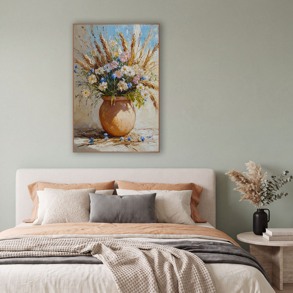 Wildflower Grass Bouquet Rustic Still Life wall art in a bright coastal-style room – round clay vase with white, pink