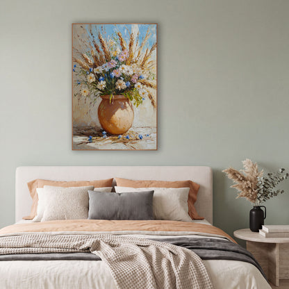 Wildflower Grass Bouquet Rustic Still Life wall art in a bright coastal-style room – round clay vase with white, pink