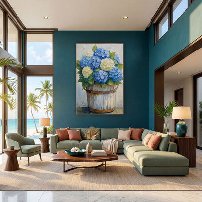 Blue Hydrangea Bucket Coastal Floral wall art in a bright coastal-style room – blue and cream hydrangeas with green