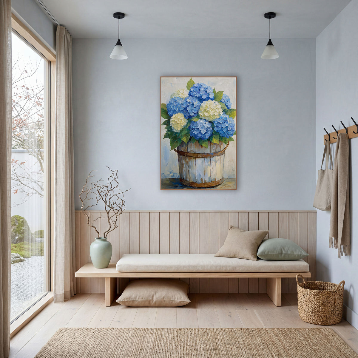 Blue Hydrangea Bucket Coastal Floral wall art in a bright coastal-style room – blue and cream hydrangeas with green