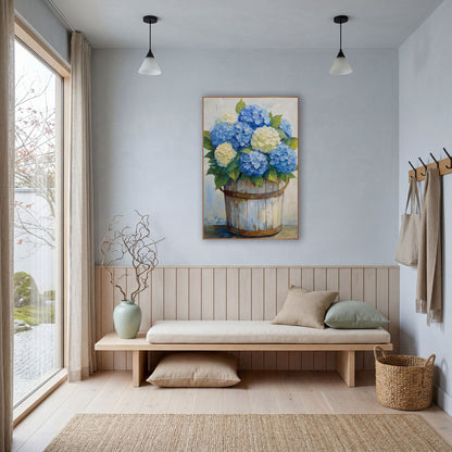 Blue Hydrangea Bucket Coastal Floral wall art in a bright coastal-style room – blue and cream hydrangeas with green