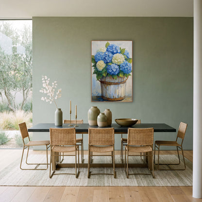 Blue Hydrangea Bucket Coastal Floral wall art in a bright coastal-style room – blue and cream hydrangeas with green