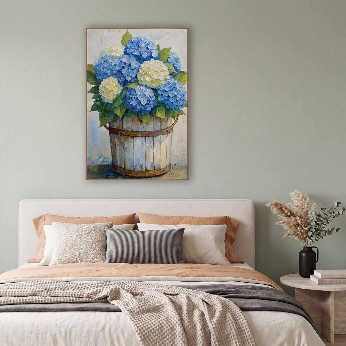 Blue Hydrangea Bucket Coastal Floral wall art in a bright coastal-style room – blue and cream hydrangeas with green