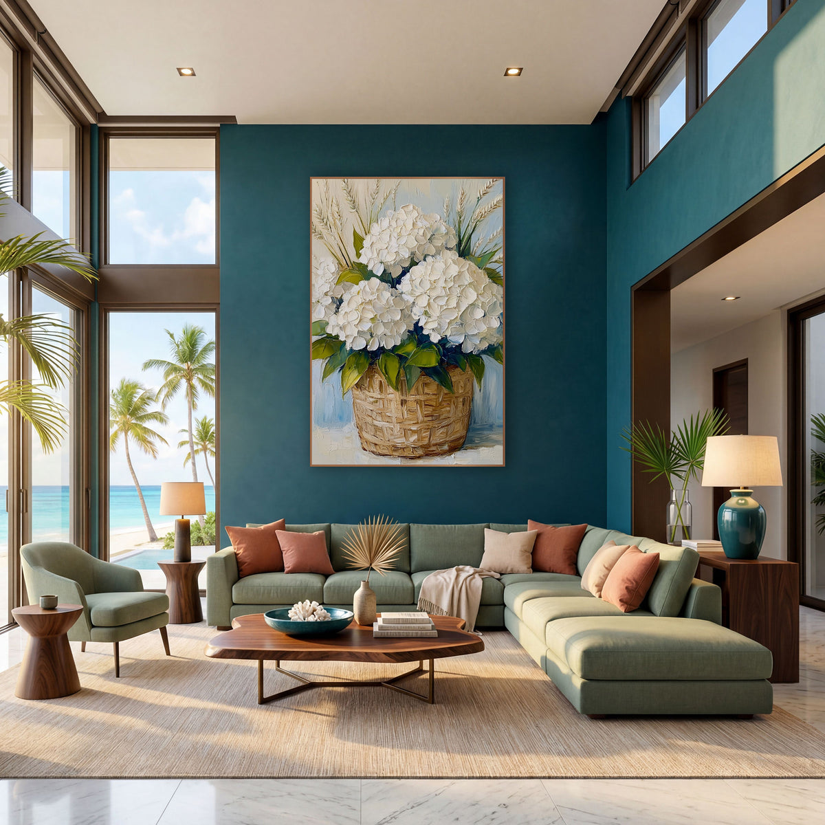 White Hydrangea Basket Coastal Floral wall art in a bright coastal-style room – white hydrangeas and tall grass stems