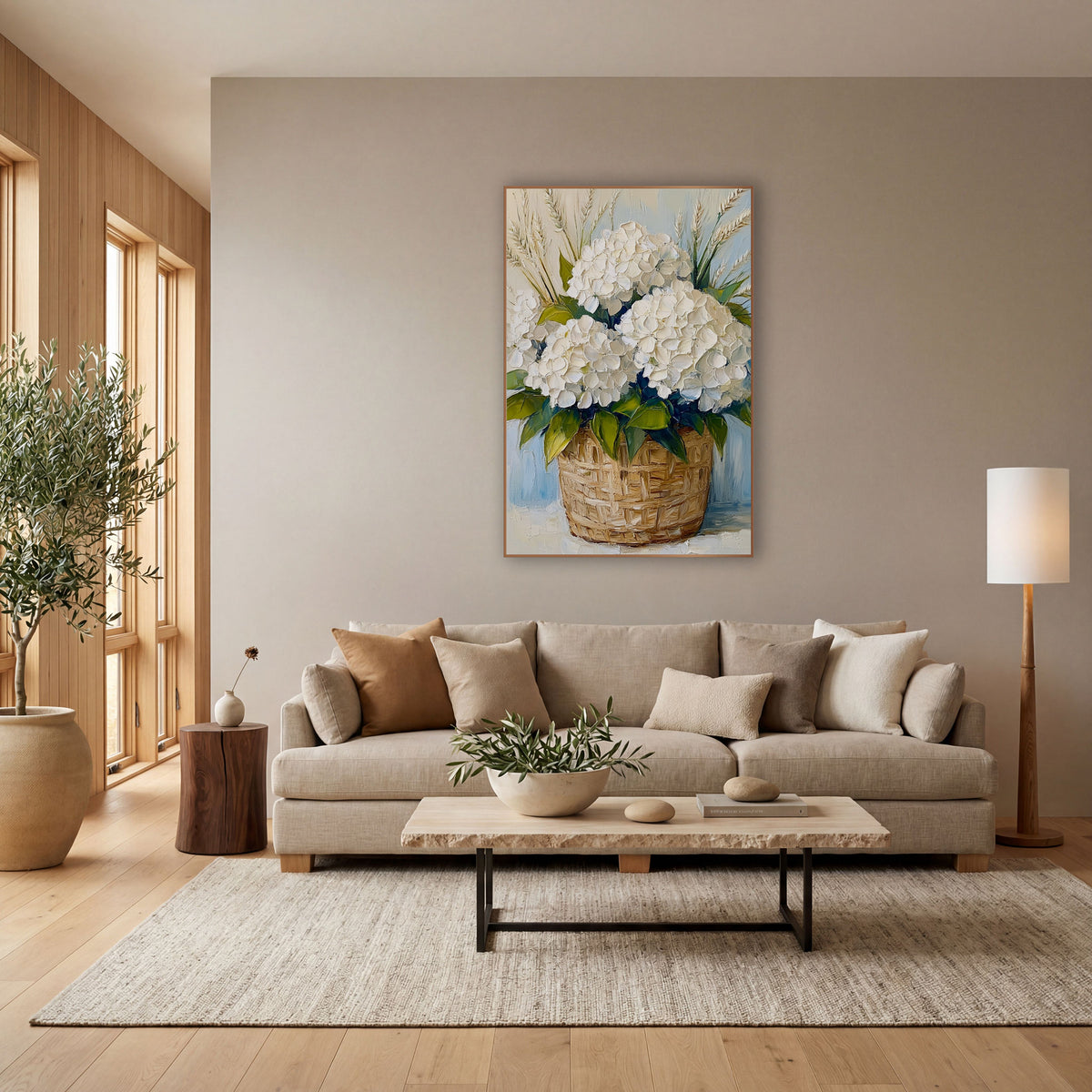 White Hydrangea Basket Coastal Floral wall art in a bright coastal-style room – white hydrangeas and tall grass stems
