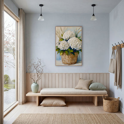 White Hydrangea Basket Coastal Floral wall art in a bright coastal-style room – white hydrangeas and tall grass stems