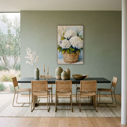 White Hydrangea Basket Coastal Floral wall art in a bright coastal-style room – white hydrangeas and tall grass stems