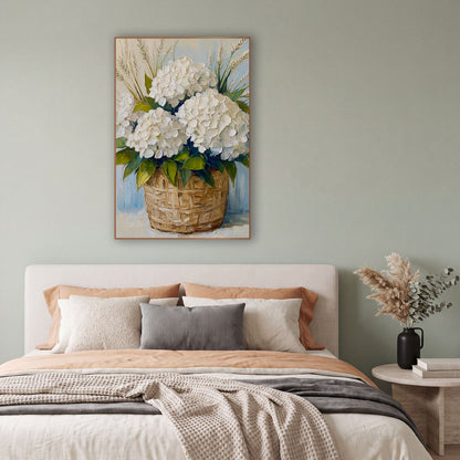 White Hydrangea Basket Coastal Floral wall art in a bright coastal-style room – white hydrangeas and tall grass stems