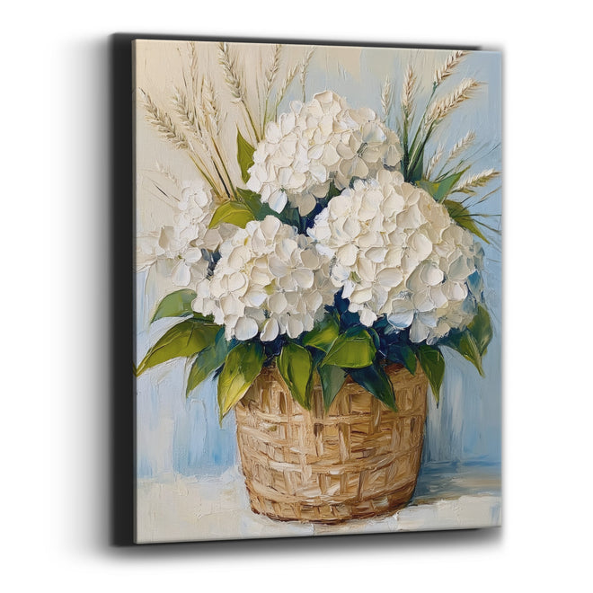 White Hydrangea Basket Coastal Floral Canvas Wall Art
