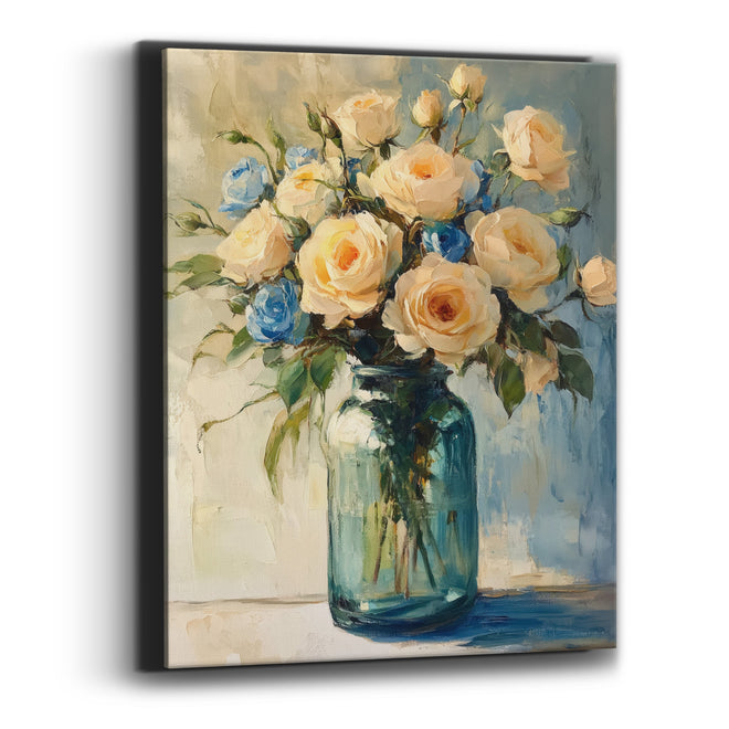 Peach Roses Blue Jar Floral Canvas Wall Art