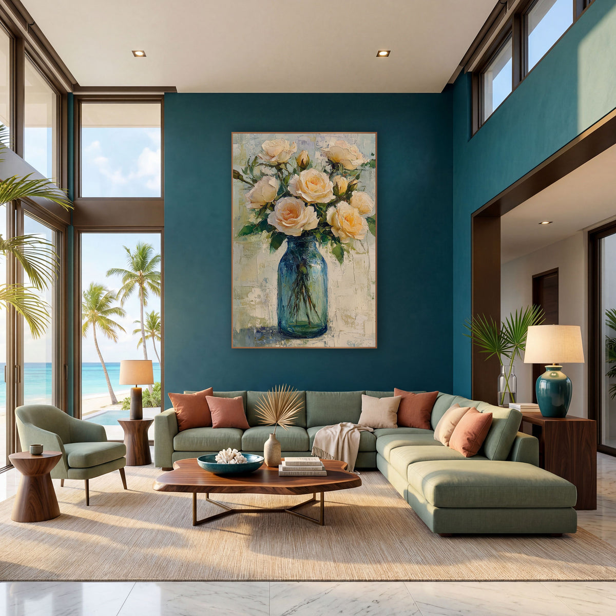 Peach Roses Teal Mason Jar Coastal wall art in a bright coastal-style room – cream roses with green leaves in a blue