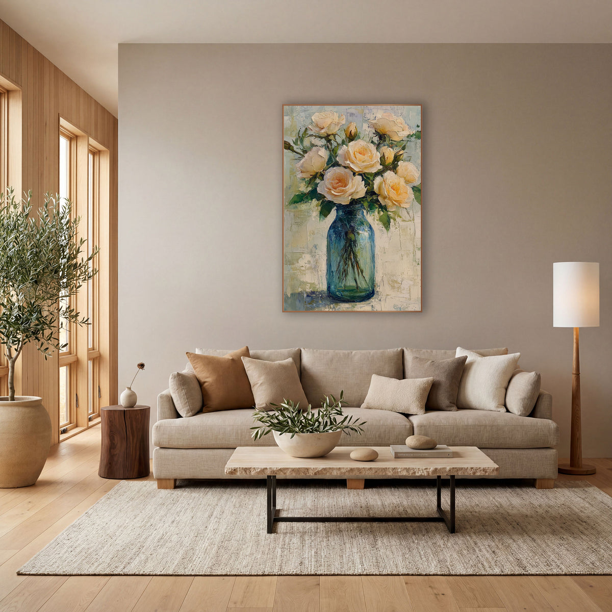 Peach Roses Teal Mason Jar Coastal wall art in a bright coastal-style room – cream roses with green leaves in a blue
