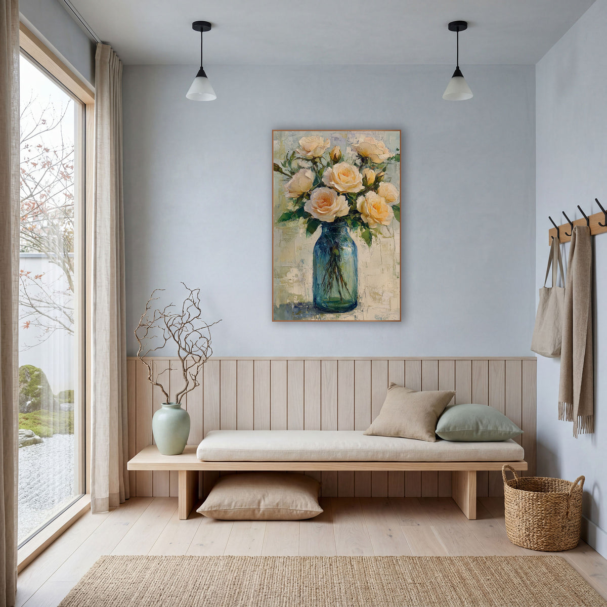 Peach Roses Teal Mason Jar Coastal wall art in a bright coastal-style room – cream roses with green leaves in a blue