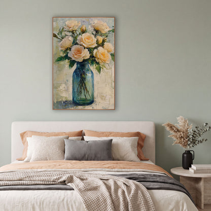 Peach Roses Teal Mason Jar Coastal wall art in a bright coastal-style room – cream roses with green leaves in a blue