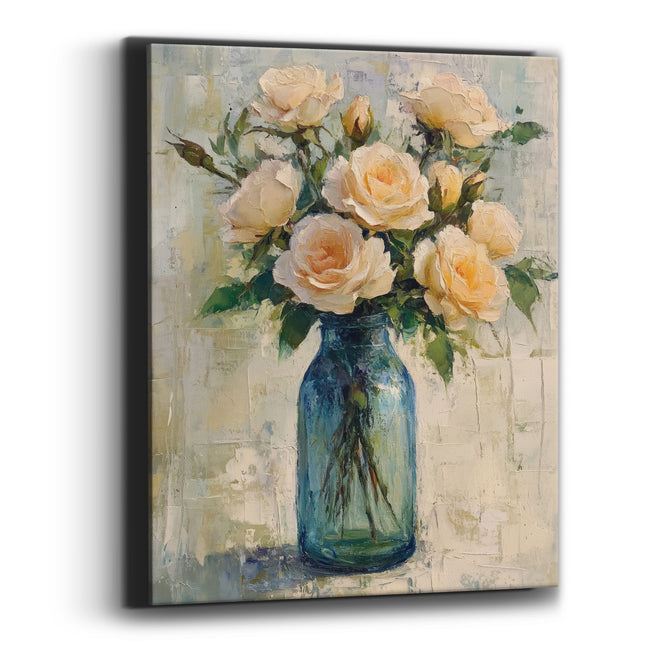 Peach Roses Teal Mason Jar Coastal Canvas Wall Art