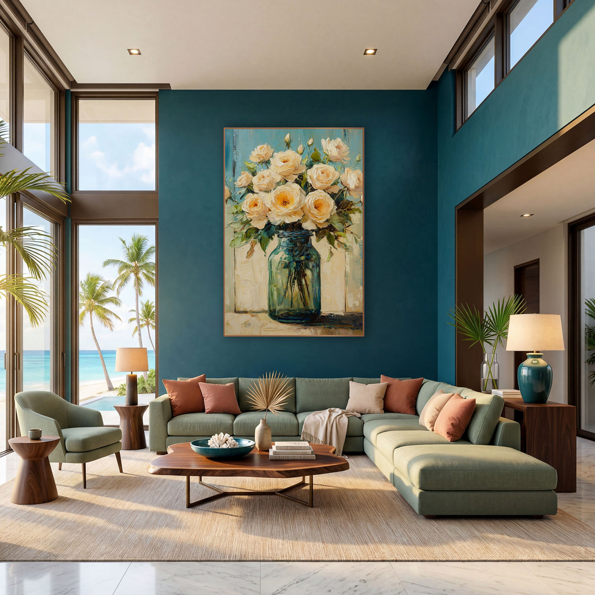 Cream Roses Teal Planks Farmhouse wall art in a bright coastal-style room – cream roses with peach centers