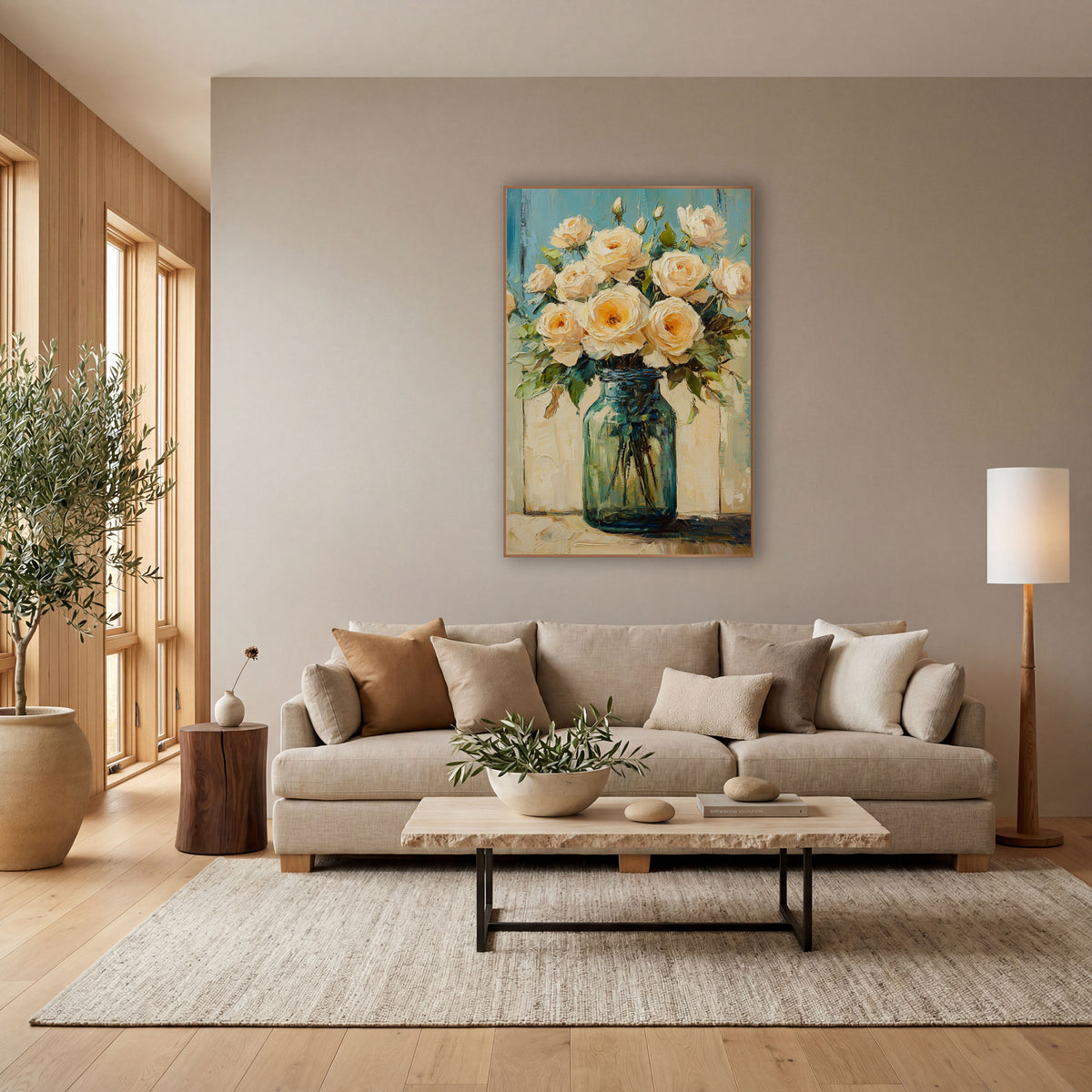Cream Roses Teal Planks Farmhouse wall art in a bright coastal-style room – cream roses with peach centers