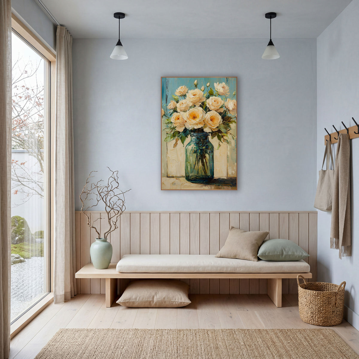 Cream Roses Teal Planks Farmhouse wall art in a bright coastal-style room – cream roses with peach centers