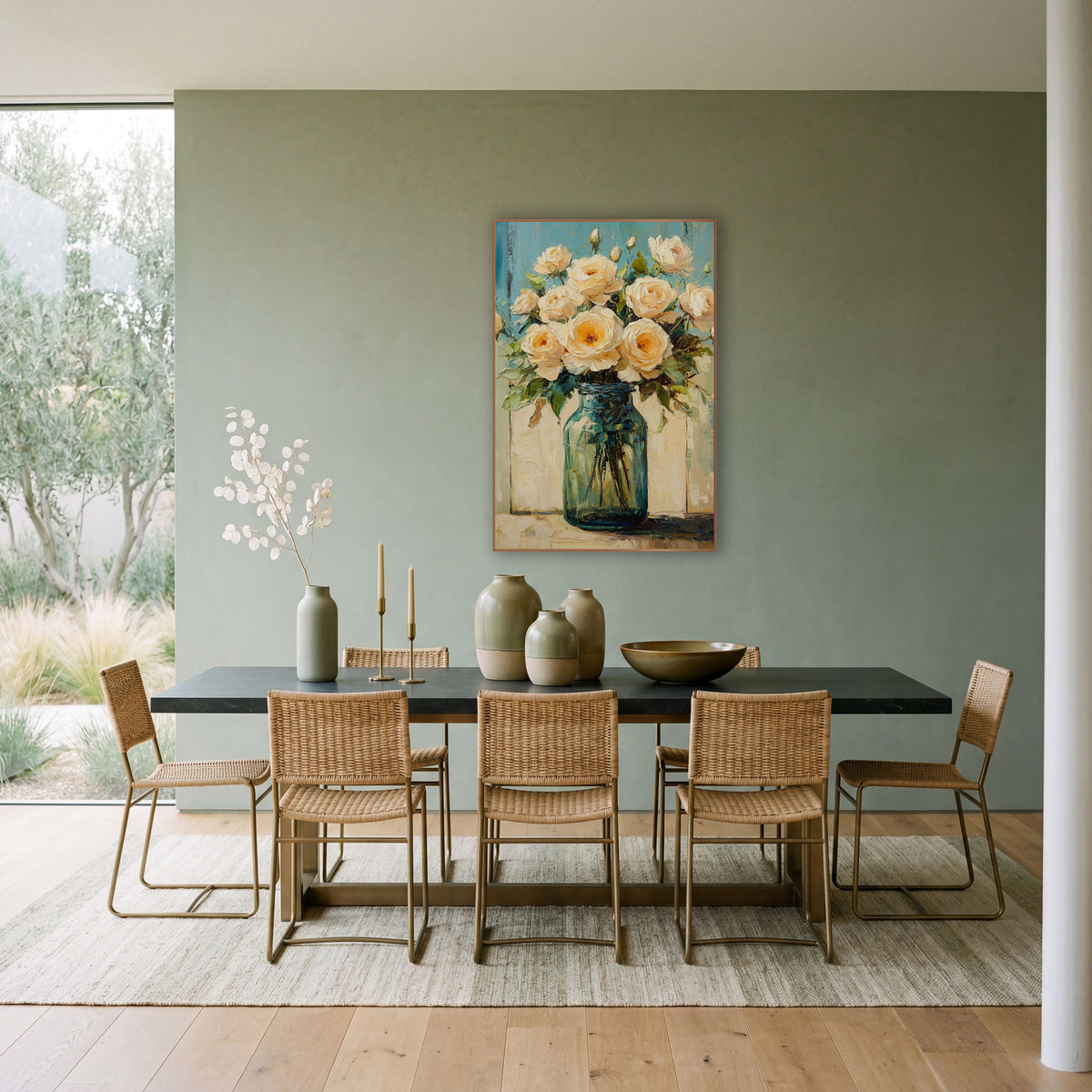Cream Roses Teal Planks Farmhouse wall art in a bright coastal-style room – cream roses with peach centers