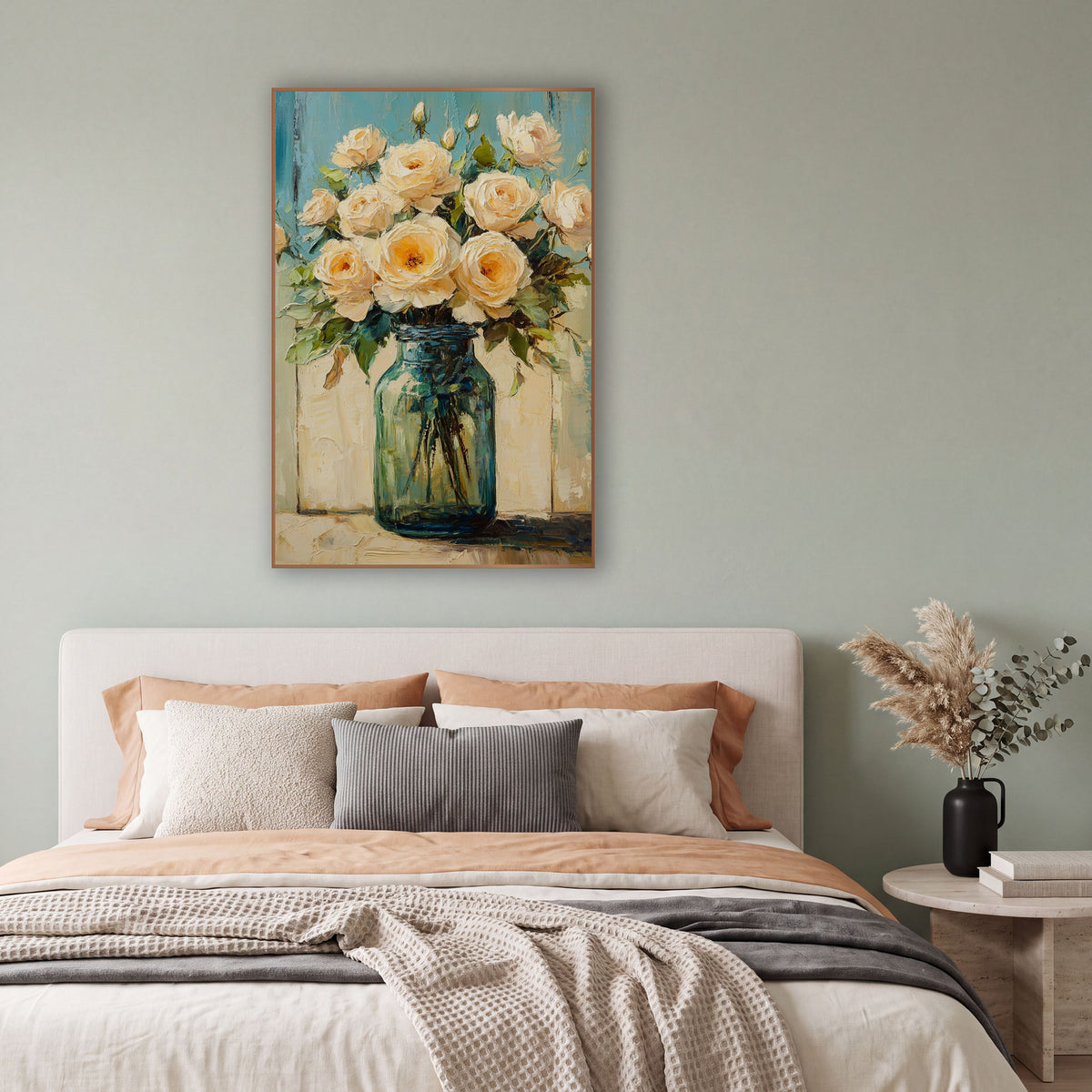 Cream Roses Teal Planks Farmhouse wall art in a bright coastal-style room – cream roses with peach centers