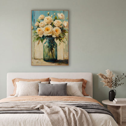 Cream Roses Teal Planks Farmhouse wall art in a bright coastal-style room – cream roses with peach centers