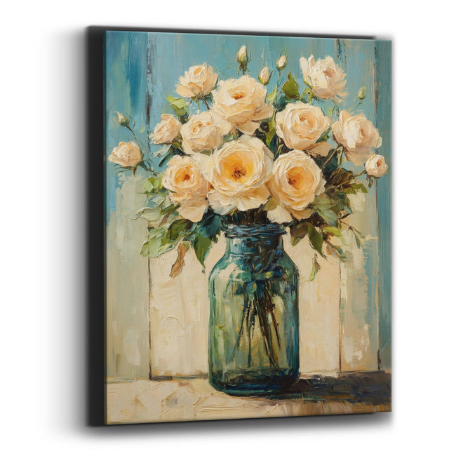 Cream Roses Teal Planks Farmhouse Canvas Wall Art