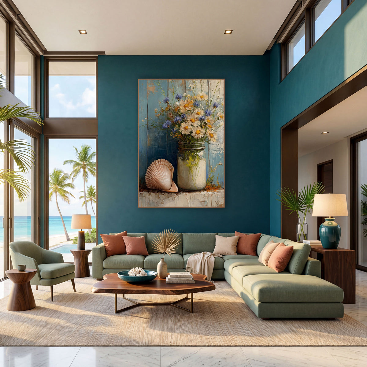 Blue Daisy Seashell Still Life Coastal wall art in a bright coastal-style room – white daisies and blue flowers
