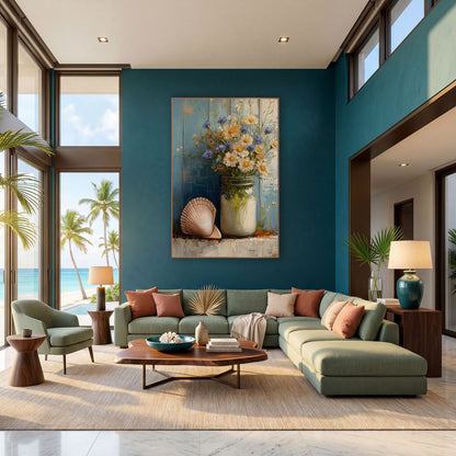 Blue Daisy Seashell Still Life Coastal wall art in a bright coastal-style room – white daisies and blue flowers