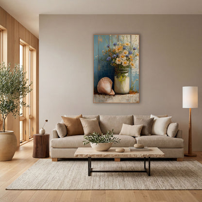 Blue Daisy Seashell Still Life Coastal wall art in a bright coastal-style room – white daisies and blue flowers