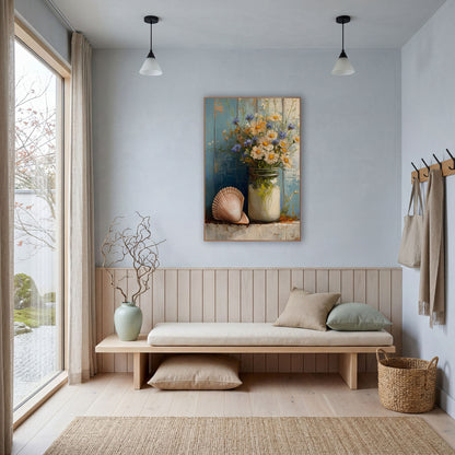 Blue Daisy Seashell Still Life Coastal wall art in a bright coastal-style room – white daisies and blue flowers