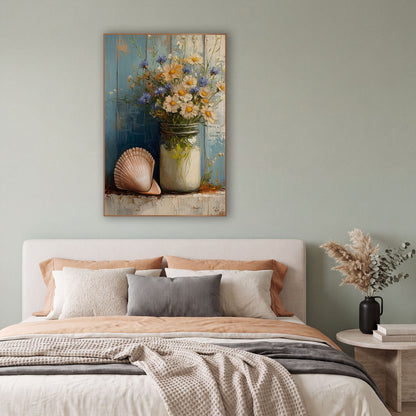 Blue Daisy Seashell Still Life Coastal wall art in a bright coastal-style room – white daisies and blue flowers