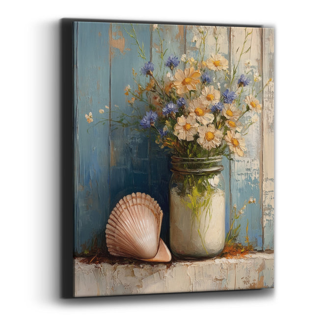 Blue Daisy Seashell Still Life Coastal Canvas Wall Art