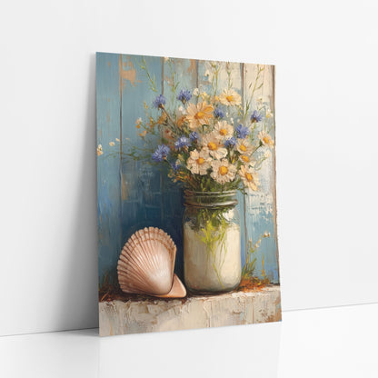 Blue Daisy Seashell Still Life Coastal art print leaning against a white wall – white daisies and blue flowers in a glass jar